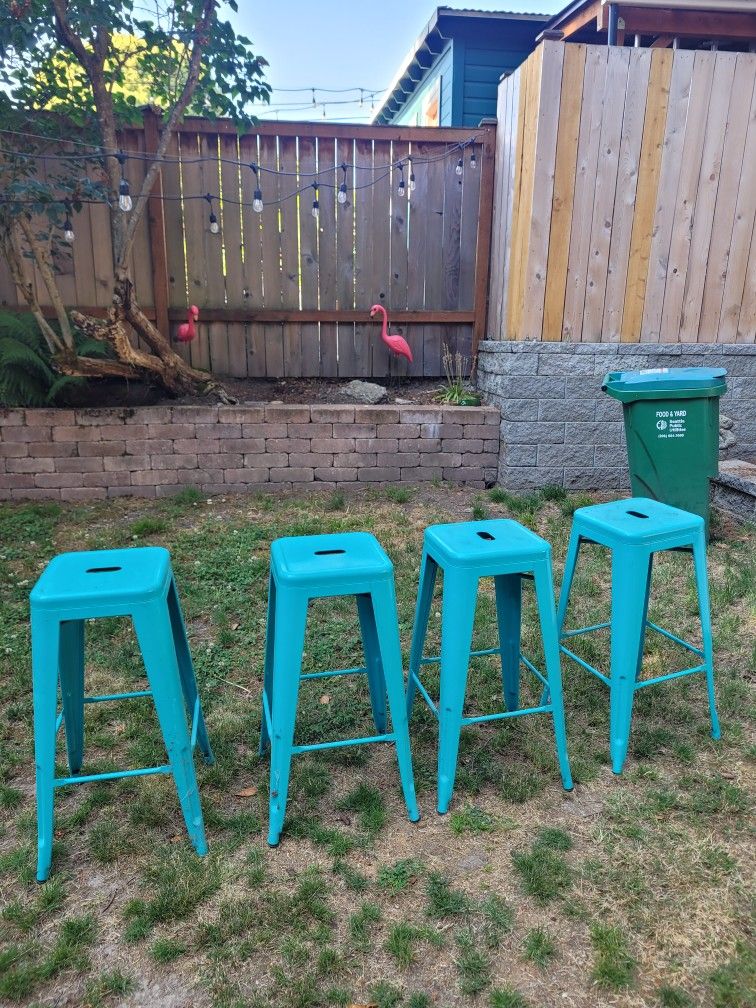 Set Of 4 Blue Metal Stools