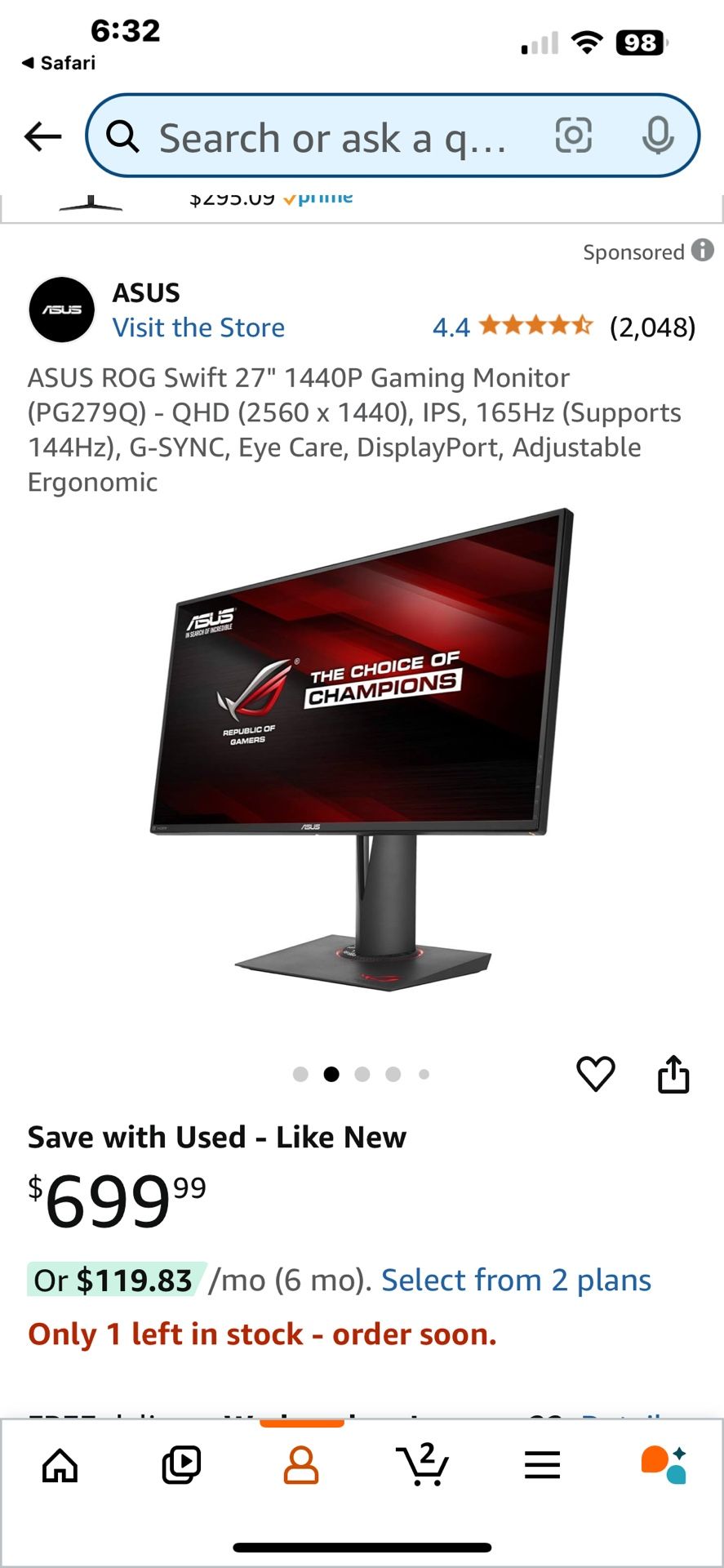 Asus ROG Swift 165hz 1440p 1ms
