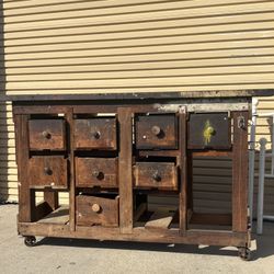Antique Barn wood Work Bench With Castors  