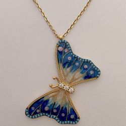 🦋925 Silver butterfly cz and turquoise stones enamel necklace 18K yellow gold plated