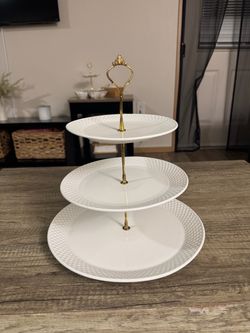 Pair of 3-Tier White Ceramic Cupcake & Dessert Stands (Gold Hardware)