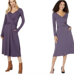 Pact Revive Wrap Front Long Sleeve Fit And Flare Dress Purple Womens Small