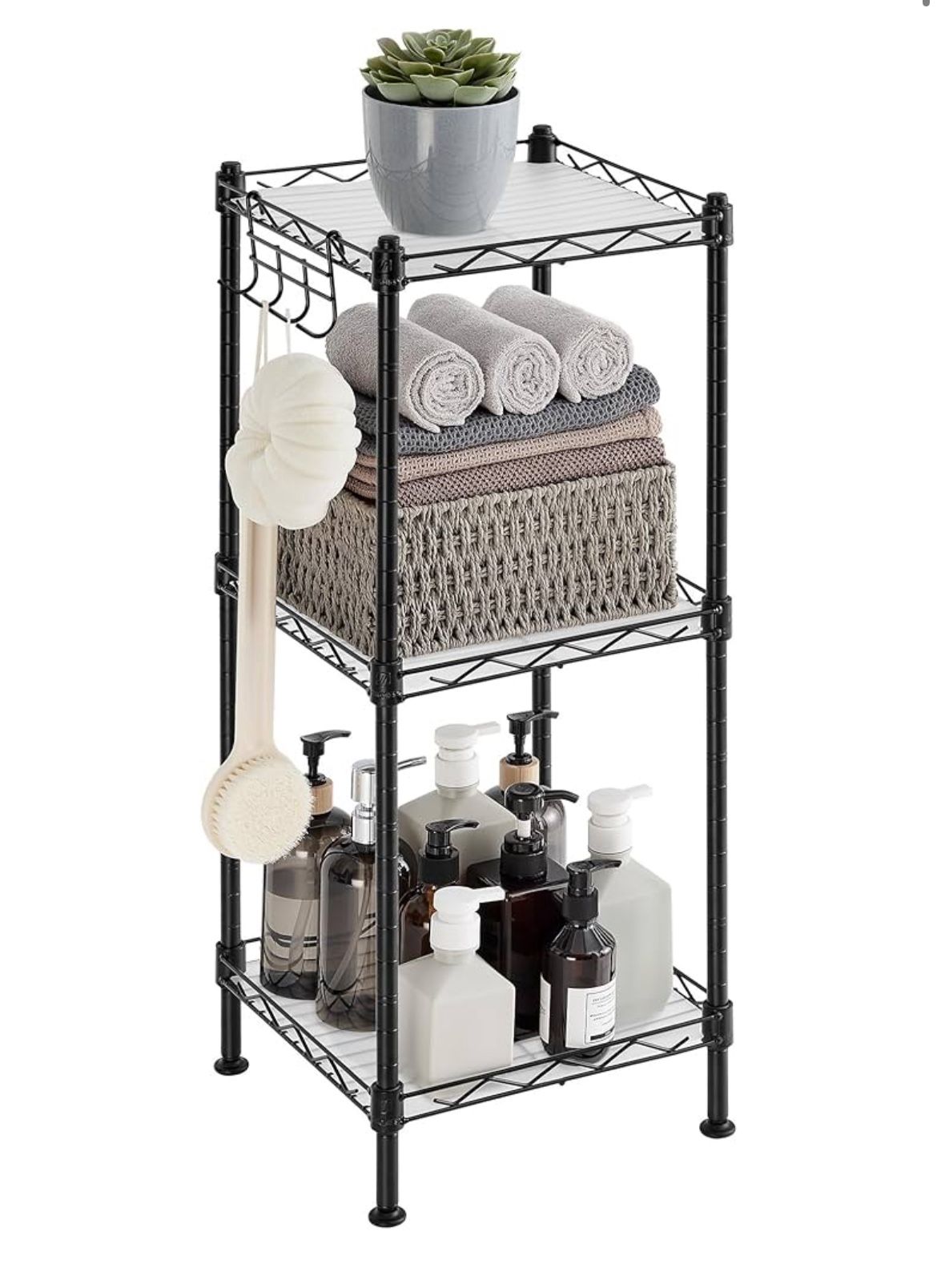 SONGMICS 3-Tier Bathroom Shelf, Storage Rack for Small Space, with 3 PP Shelf Liners, Removable Hook, Extendable Design, Ink Black and Translucent ULG