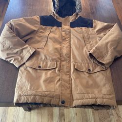 Swiss Tech Parka Hooded Winter Jacket Boys Size XL (14-16) tan/gold Detachable Faux fur on hood