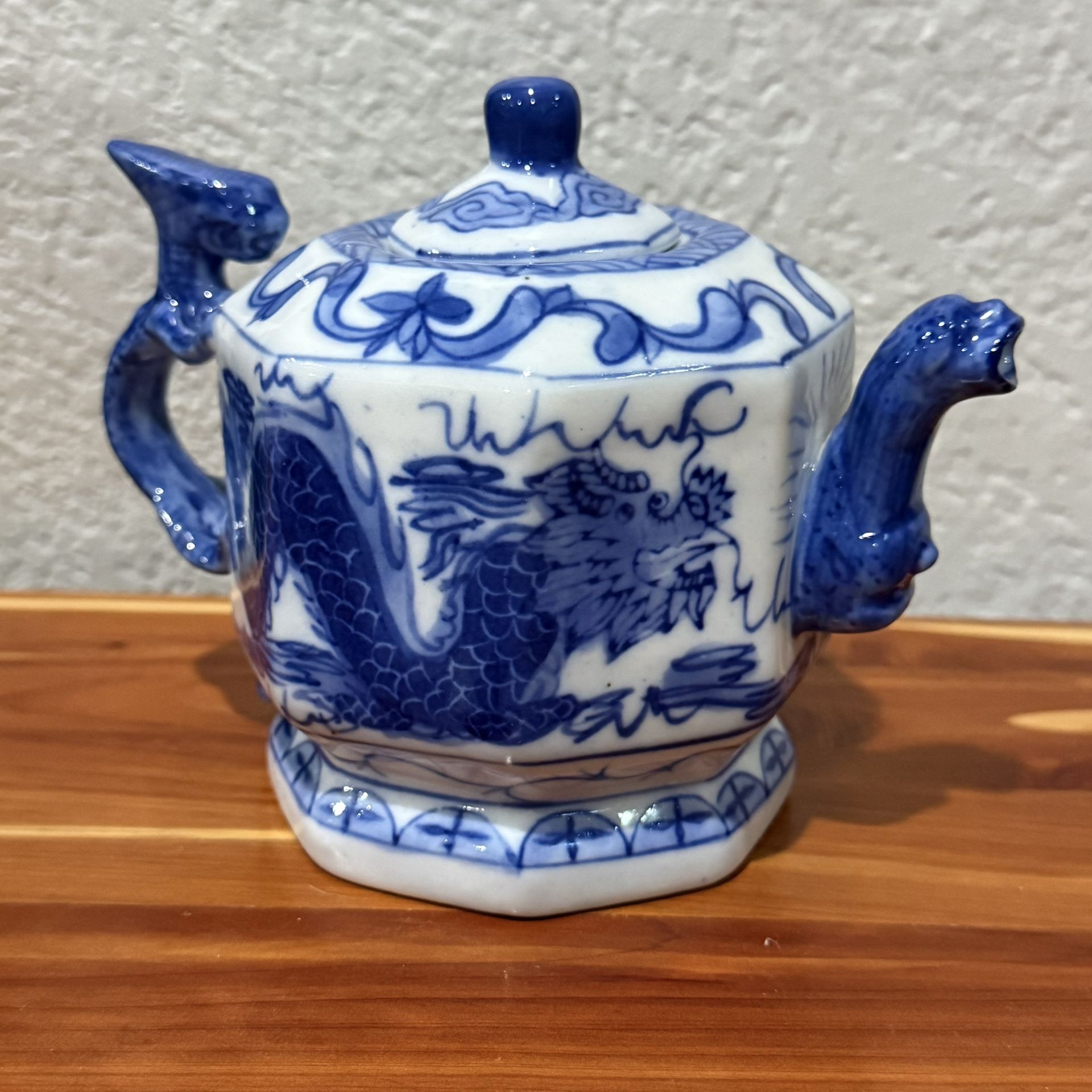 Blue & White Dragon Teapot • Sculpted Handle