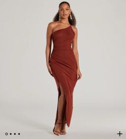Windsor Carrie One Shoulder Open Back Mesh Formal Dress - rust - large