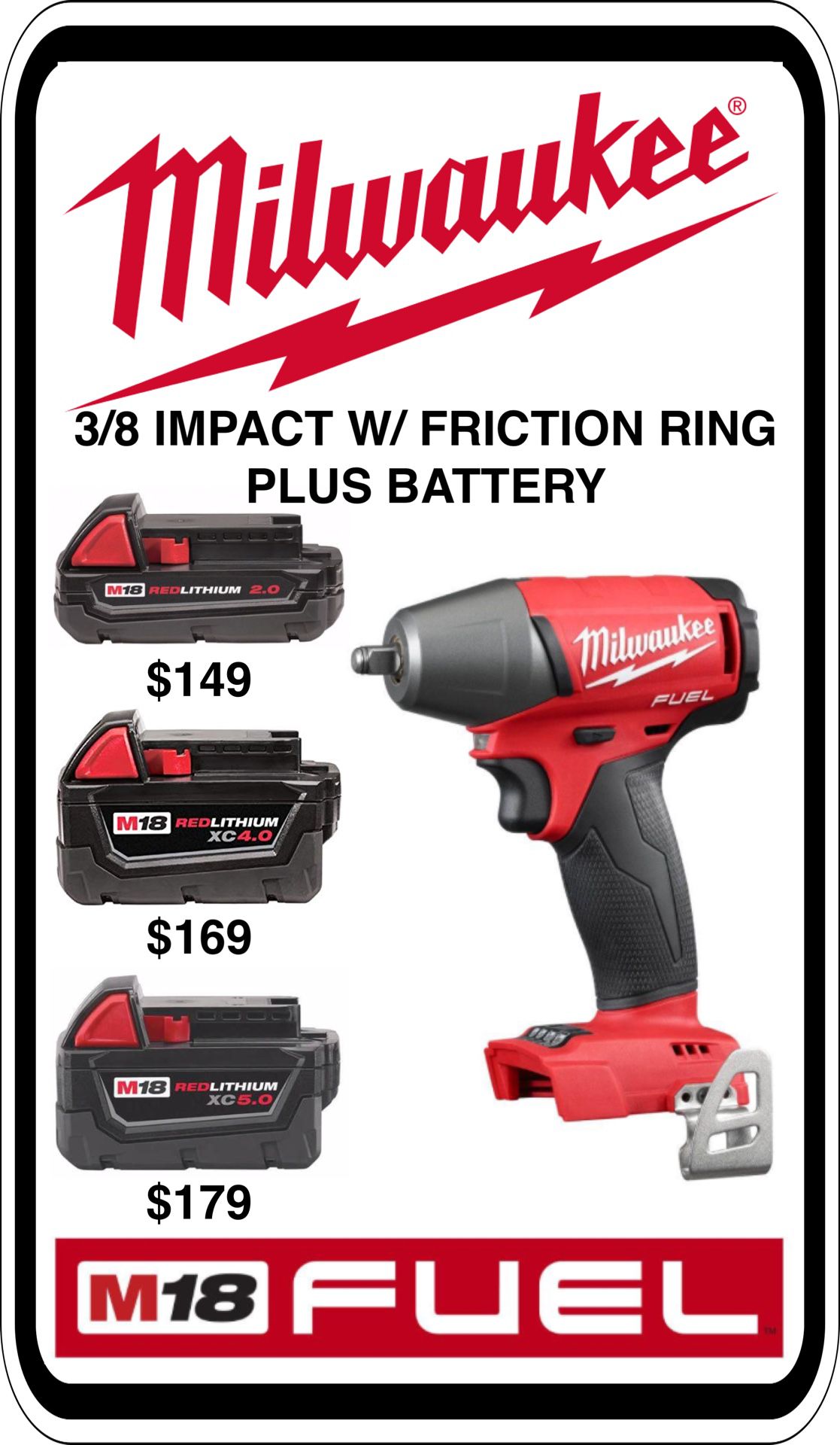 BRAND NEW - Milwaukee M18 3/8 Impact w/ Friction Ring - ADD a Battery - We accept trades & Credit Cards - AzBE Deals