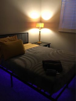 Queen Metal Bed Frame with Upholstered Headboard & mattress