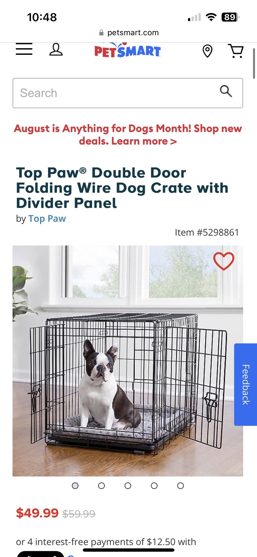 Used, like new 30 inch Top paw double door crate with Kong crate mat.