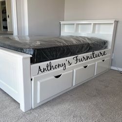 White Full Bed With Storage And Mattress Solid Wood 