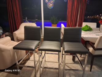 Set of 3 Gray Faux Leather Bar Stools