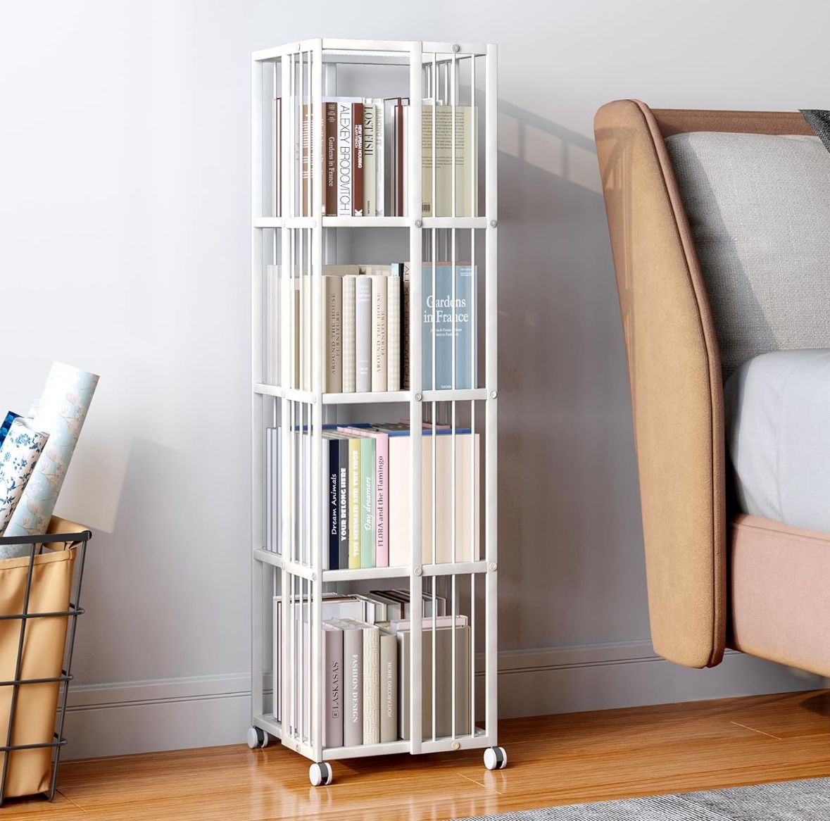 Rotating Bookcase White 4 Tiers Metal Bookshelf Large Capacity