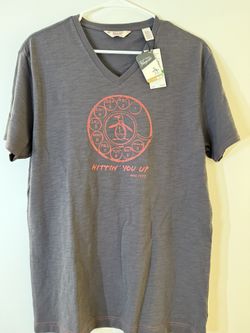 Gray V-Neck T-Shirt with Red Graphic