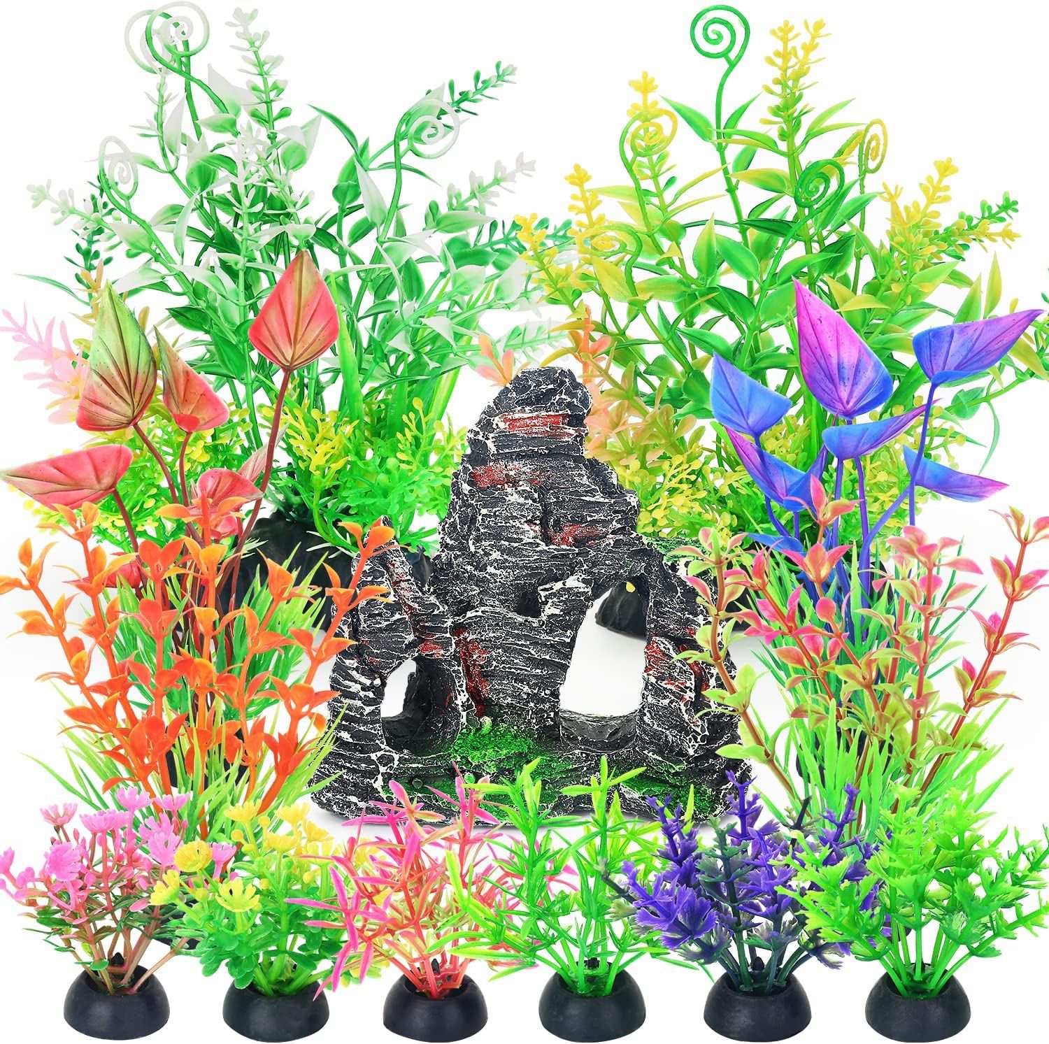 Aquarium Rockery and Fish Tank Plastic Plants Decorations Set 13 Pieces (Short)