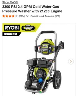 Ryobi  3300 PSI 2.4 GPM Cold Water Gas Pressure Washer with 212cc Engine like new