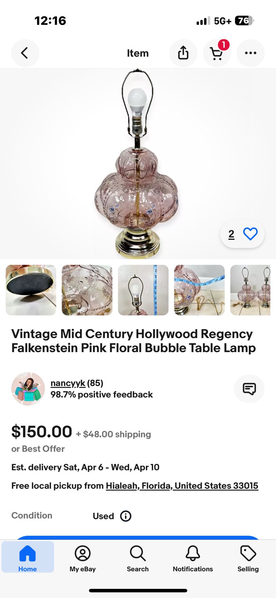 Pair Of Vintage Mid Century Hollywood Regency Falkenstein Pink Floral Bubble Table Lamp