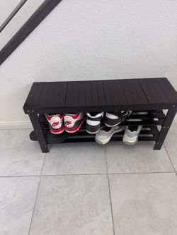 Black Wood Entryway Shoe Bench Rack