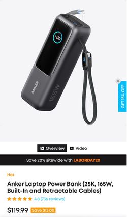 Anker Laptop Power Bank (25K, 165W, Built-In and Retractable Cables) Space Black