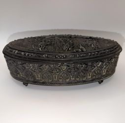 Vtg Jennings Brothers 2555 Silver Scene Oval Metal Trinket Jewelry Box Casket