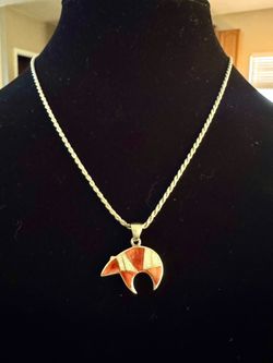Authentic Native American (Navajo/Zuni style) .925 Bear Pendant Necklace. 10g.