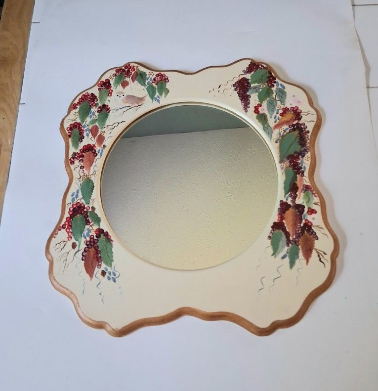 Scalloped Edge Hand Painted Wooden Wall Hanging Art Mirror Birds, Grapes 13x15