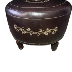 VTG Brown Leather Embroidered Floral Stool