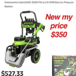 New in box Greenworks Hybrid 60V 3000 PSI at 2.0 GPM Electric Pressure Washer $350 firm cash only   East Palmdale  off 47th &R8 Address will be provid