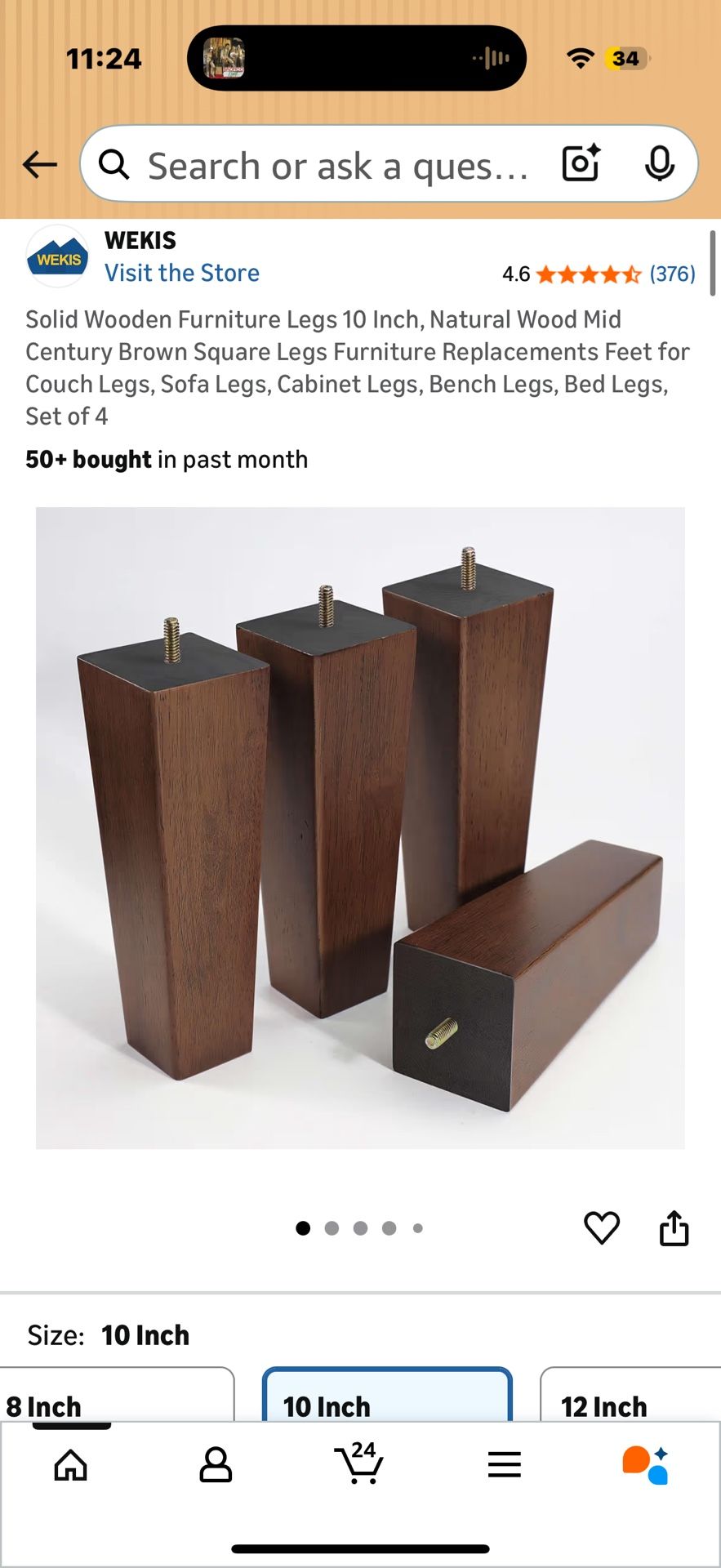 Solid Wooden Furniture Legs 10 Inch, Natural Wood Mid Century Brown Square Legs Furniture Replacements Feet for Couch Legs, Sofa Legs, Cabinet Legs, B