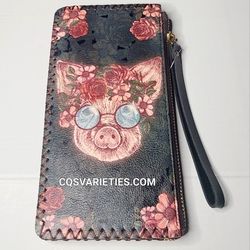 Flower Piggy With Glasses Wristlet Wallet Purse Bag