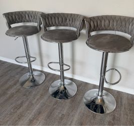 Set of 3 Gray Velvet Tufted Adjustable Bar Stools