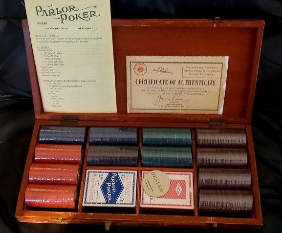 J. PRESSMAN & CO. PARLOR POKER SET NO. 820 WOOD TRAVEL CASE