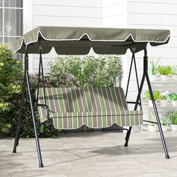 3-Seat Outdoor Patio Swing Chair w/ Cushion, Steel Frame Stand, Adjustable Tilt Canopy for Patio, Garden, Beige & Green