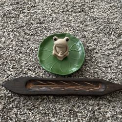 Ceramic Frog + Wood Leaves Incense Holder Bundle!