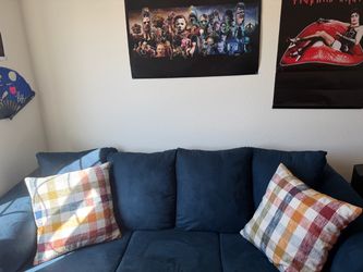 Blue Fabric 3-Seat Sofa w/ Ottoman
