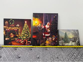 Set of 3 Christmas Canvas Wall Art Prints – Santa, Cozy Fireplace & Winter Tree – Holiday Decor