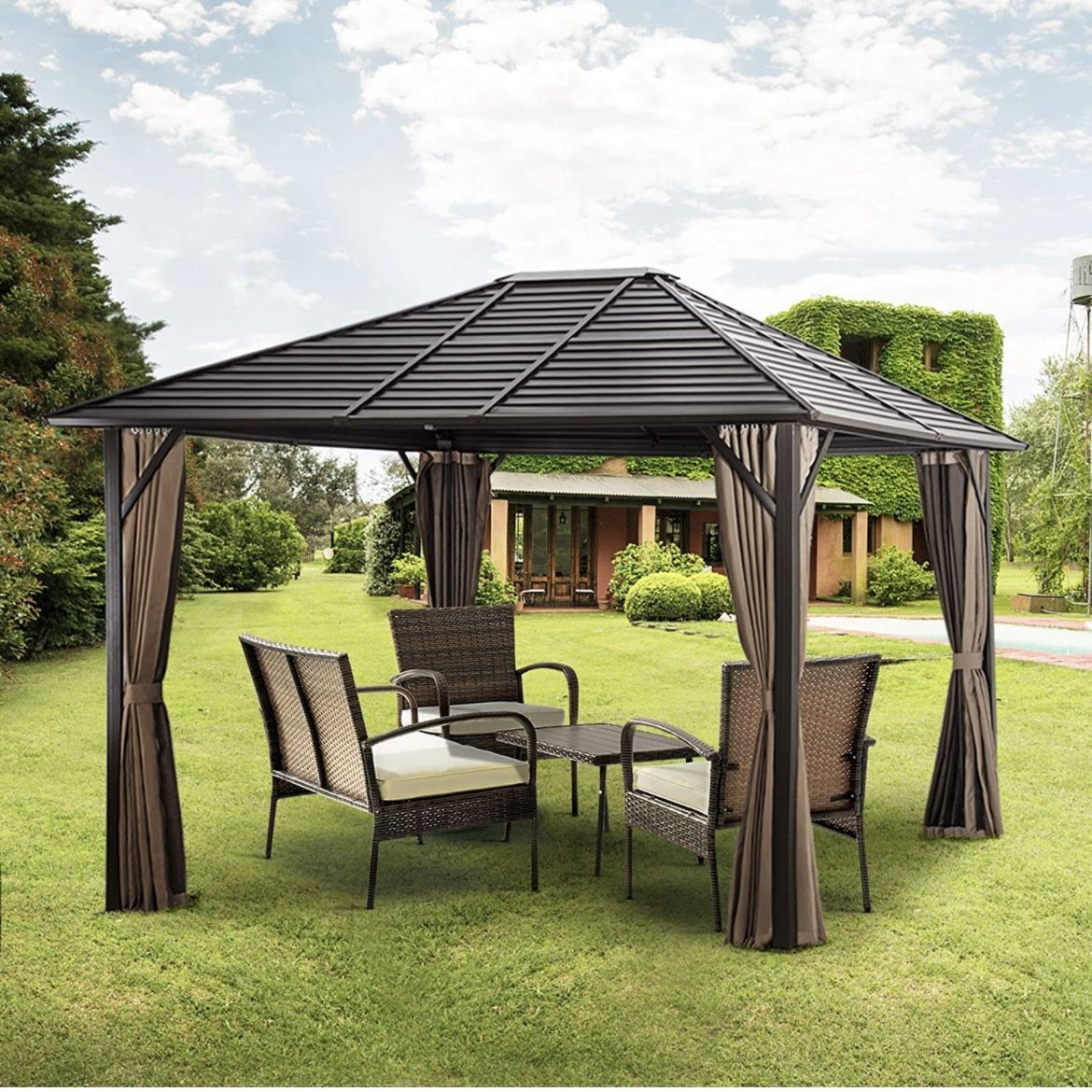 10'x12' Patio Metal Hardtop Gazebo with Fully Enclosed Zip Curtains and Breathable Mesh, Outdoor Metal Hardtop Gazebo Canopy  Tent for Garden, Lawn