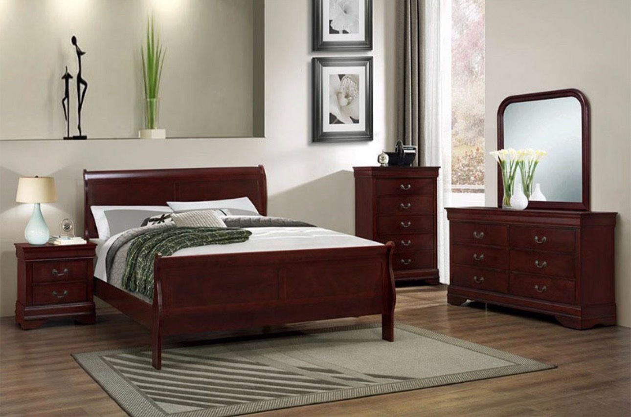 NEW QUEEN SIZE 4 PIECE BEDROOM SET WITH DRESSER MIRROR NIGHTSTAND BEDROOM FRAME WITHOUT MATTRESS INCLUDING FREE DELIVERY PAY ON ARRIVAL