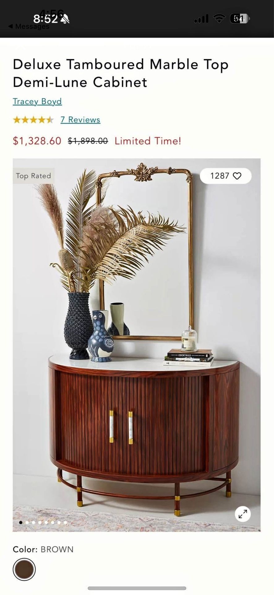 Anthropologie Deluxe Tamboured Marble Top Demi-Lune Cabinet