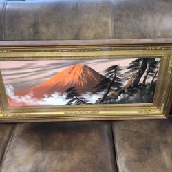 Mid Century Japanese Painting Mt Fuji In Gold Frame 