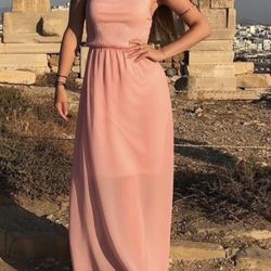 Blush Pink Halter Neck Maxi Dress In Ancient Greek/Roman Style 