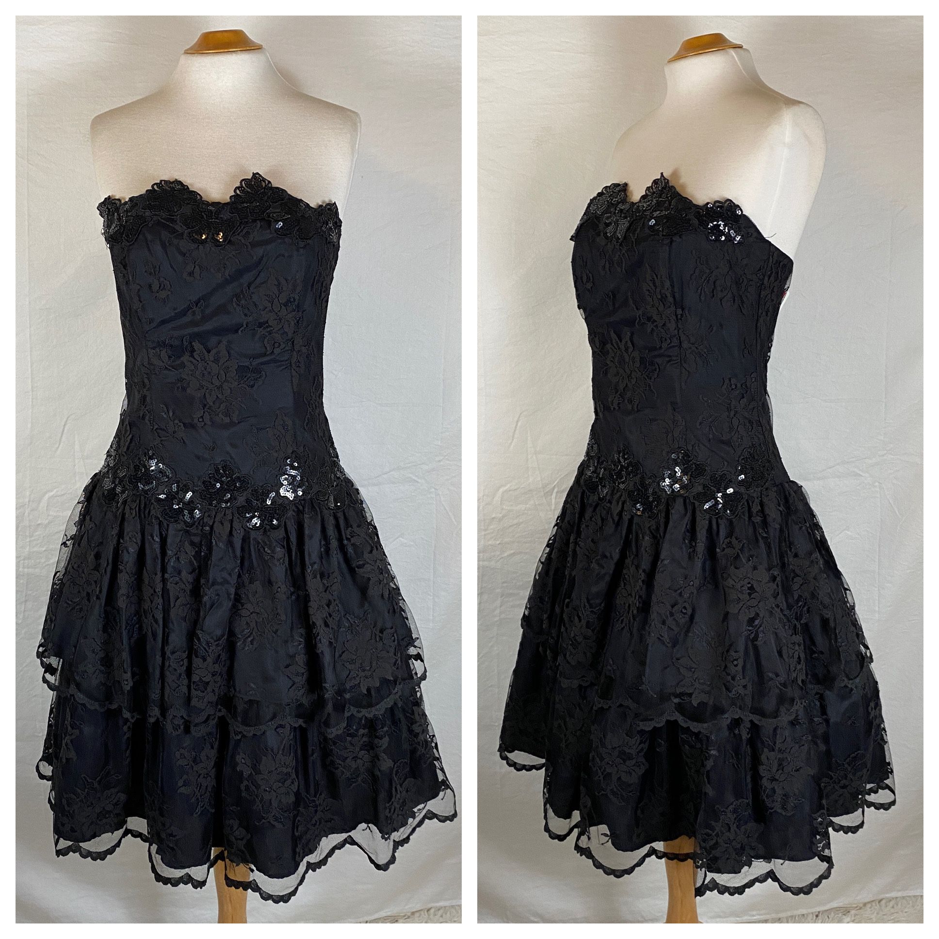 Vintage 80s Black Lace Prom Party Dress Strapless Full Skirt Goth USA Made Sz 10