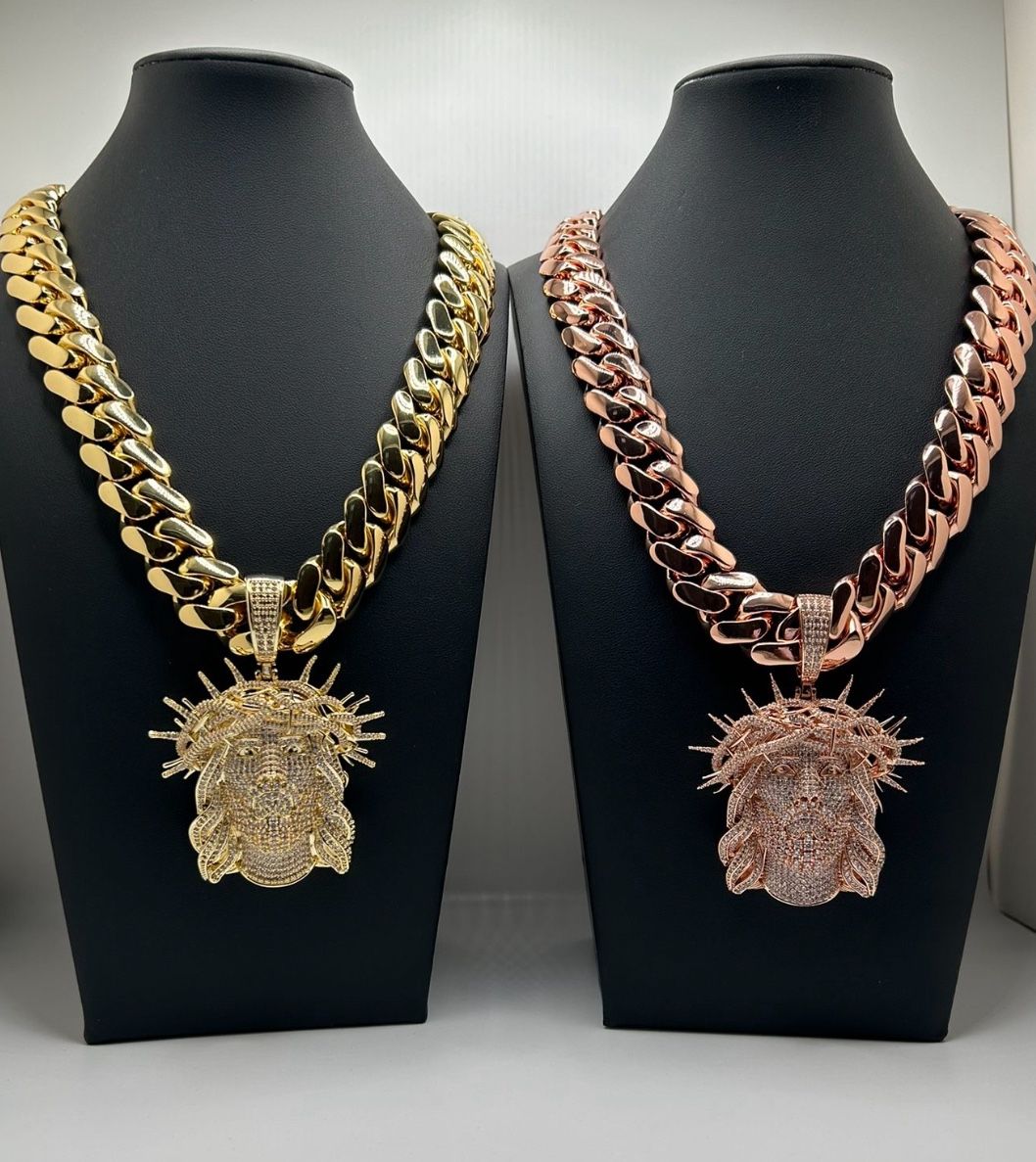 Chain 20mm Miami Cuban Link Rose Gold & Yellow Gold Plated Chain Necklace 18k & 14k Jesus Crown Pendant