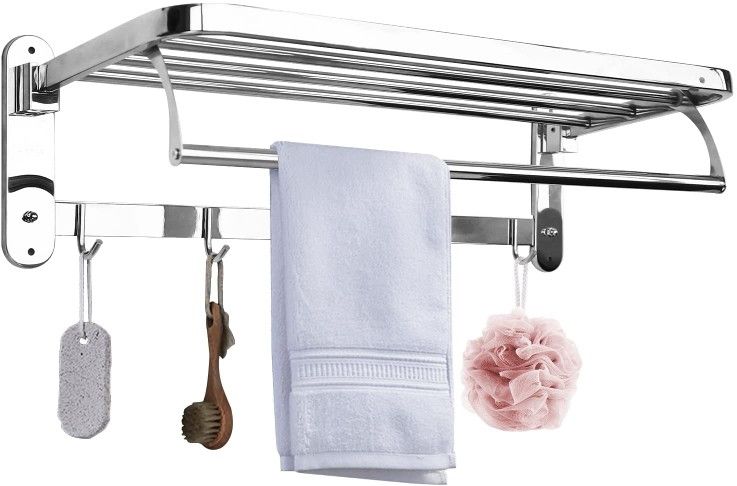 24" Stainless Steel 2-Tier Bathroom Towel Rack Shelf Foldable Adjustable Double Organizer Wall Mounted