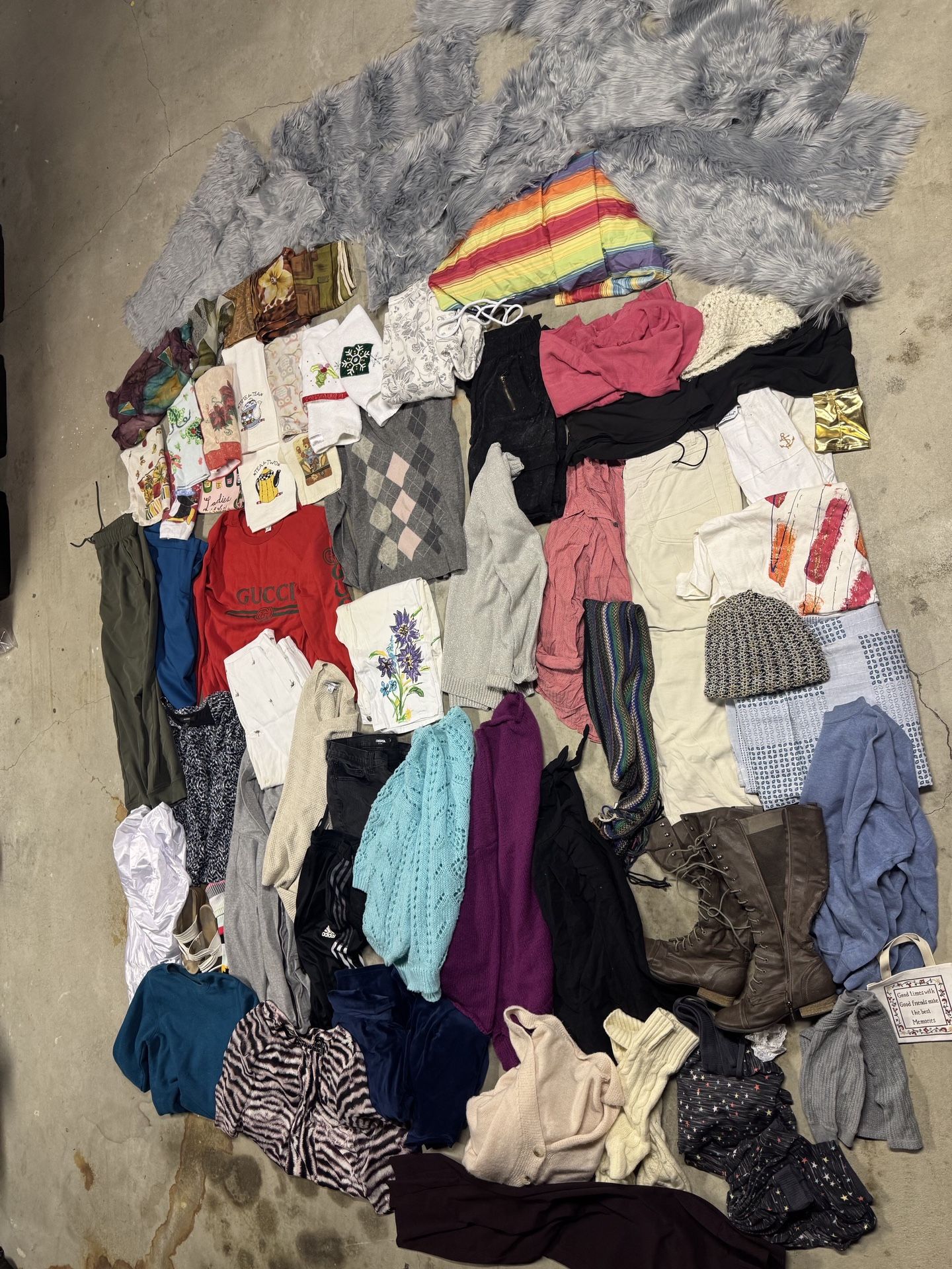 Over 80 Items Women’s Clothing Bundle Scarves Vintage Towels Pants Tops