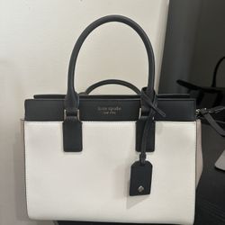 Kate Spade Cameron Medium Satchel Shoulder Tote Bag White Beige Black Leather