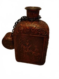 Vintage Embossed Leather Flask with Chain and Cork Stopper