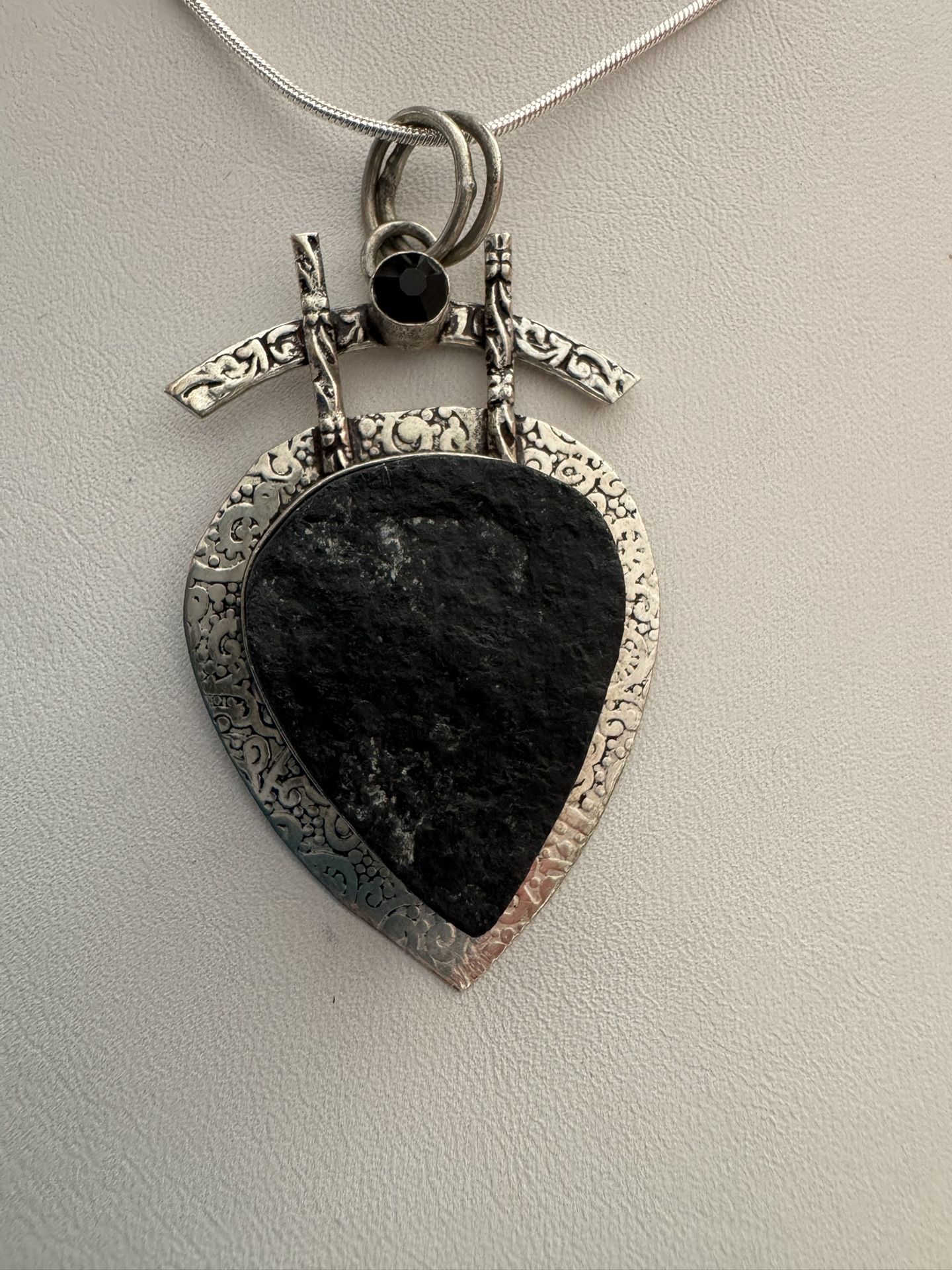 Tektite, Black Zircon Stone & Sterling Pendant on Chain, marked .925