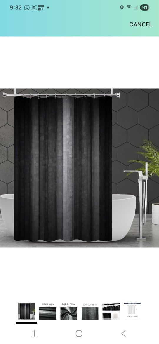 Gibelle Black Grey Shower Curtain Set for Bathroom, Cool Glass Texture Ombre Abstract Modern Fabric Shower Curtain with Hooks, 72 x 7