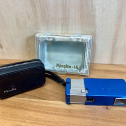 Minolta 16 Blue 16mm Film Subminiature Camera w Rokkor 22mm f2.8 Lens With Leather Case and Original Retail Hardshell Case. (Super Rare Color)