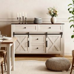 Retro Farmhouse Bedroom Dresser, 47" White Dressers for Bedroom with Sliding Barn Door, Rustic Chest of Drawers for Bedroom, Wood Dresser TV Stand